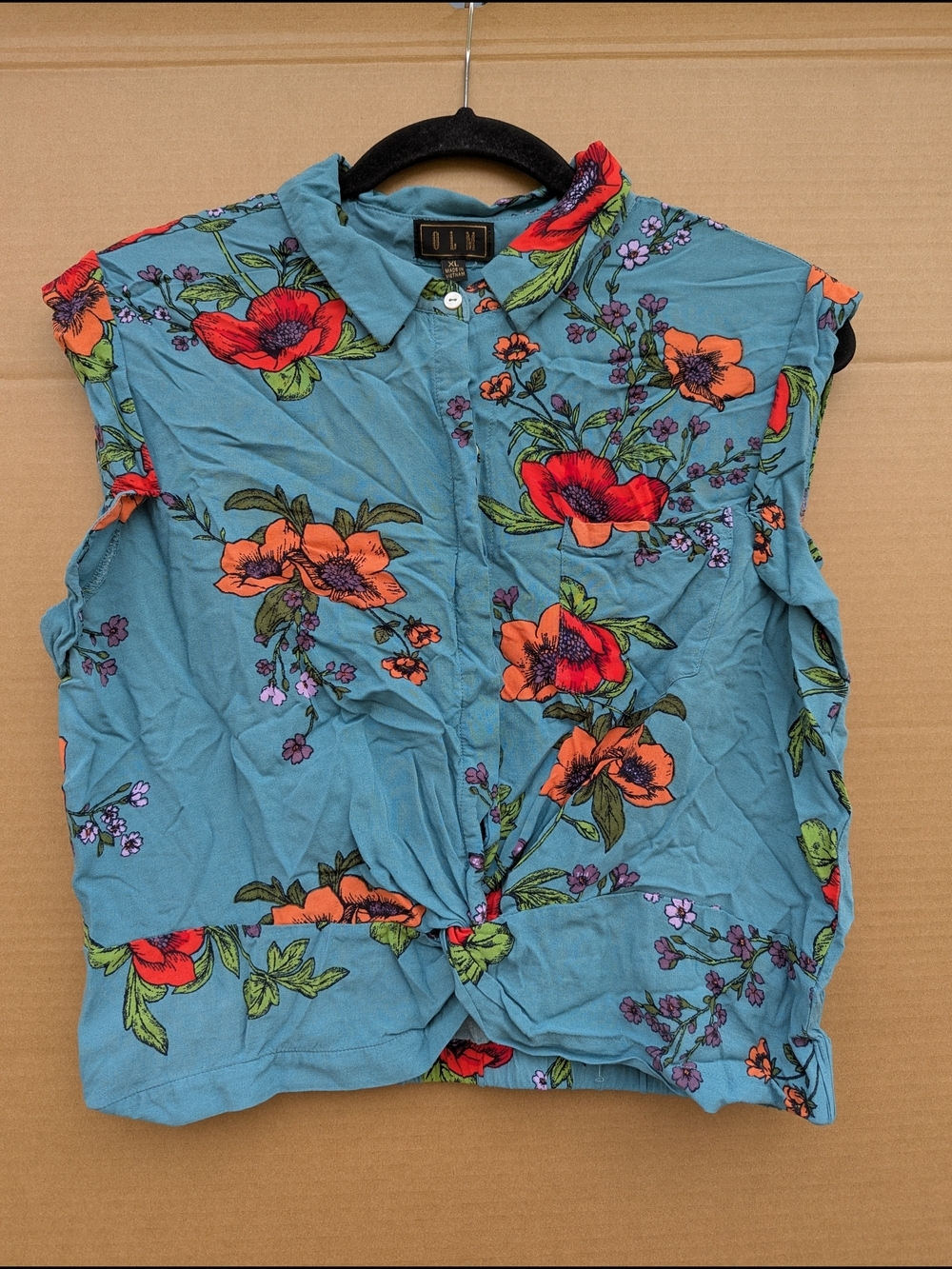 Floral Knotted Front Cropped Blouse Collared Teal Boho Cottagecore Xl Sleeveless